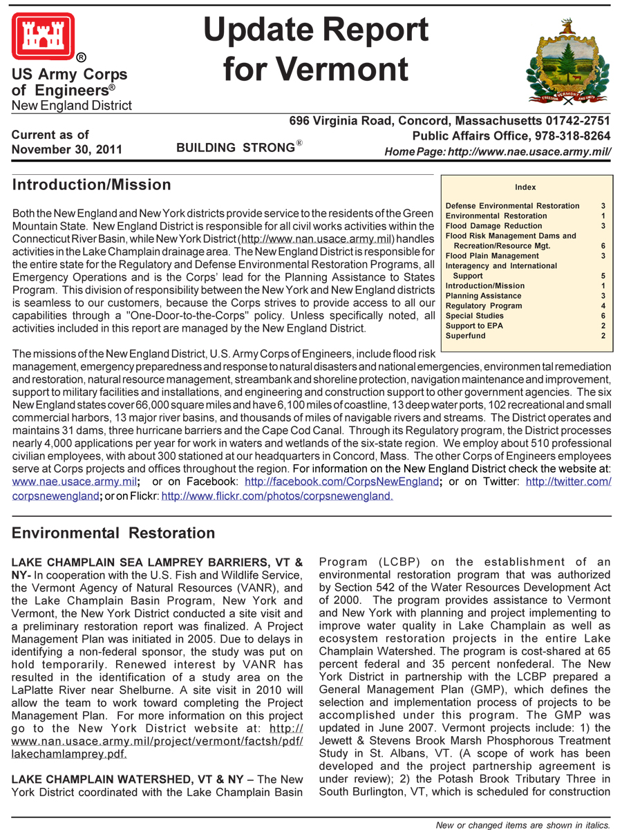 Vermont State Update Report as of February 29, 2016