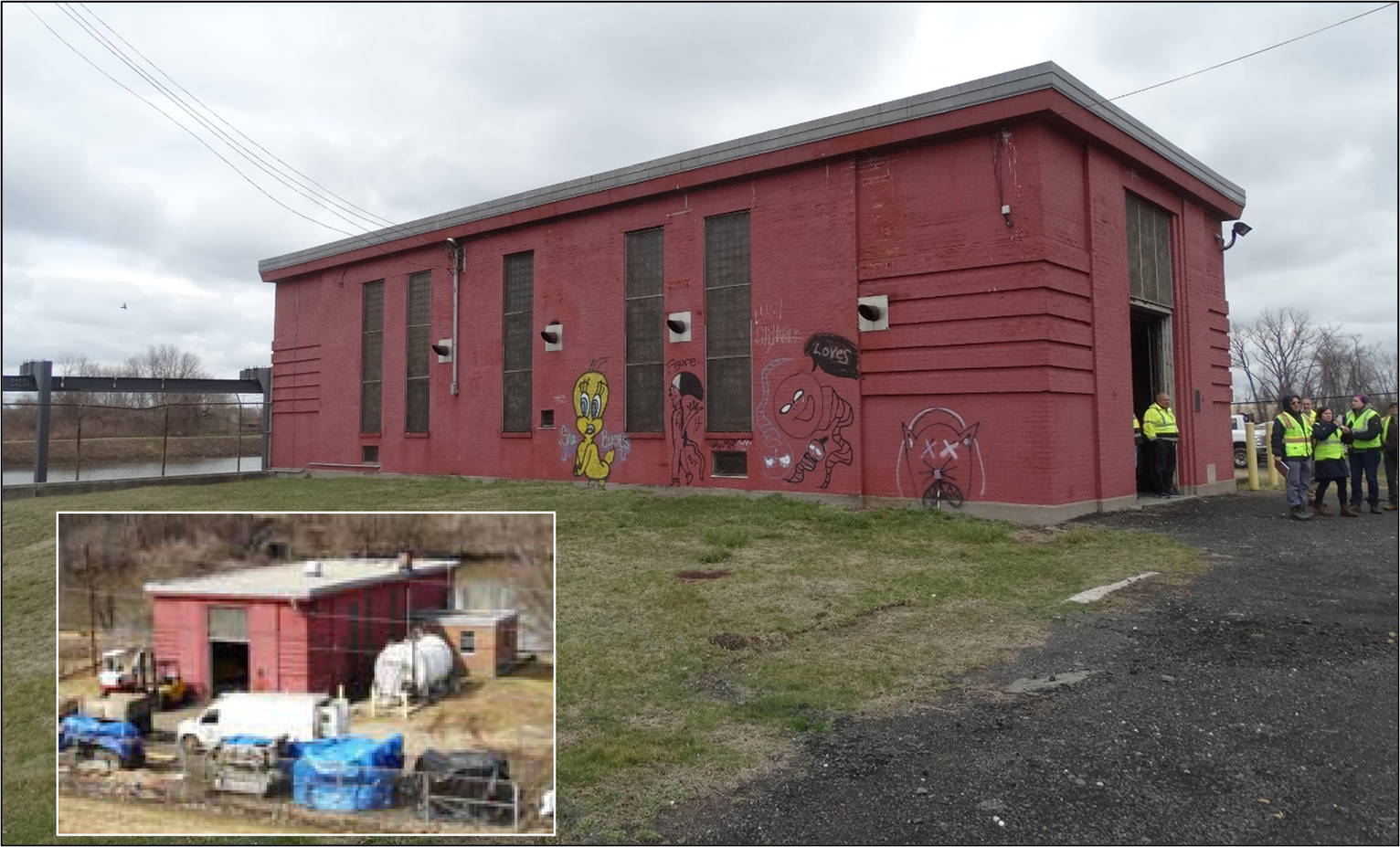 North Meadows Pump Station (Inset, from 2009 inspection, shows the fuel tank and the shed housing the emergency generator)