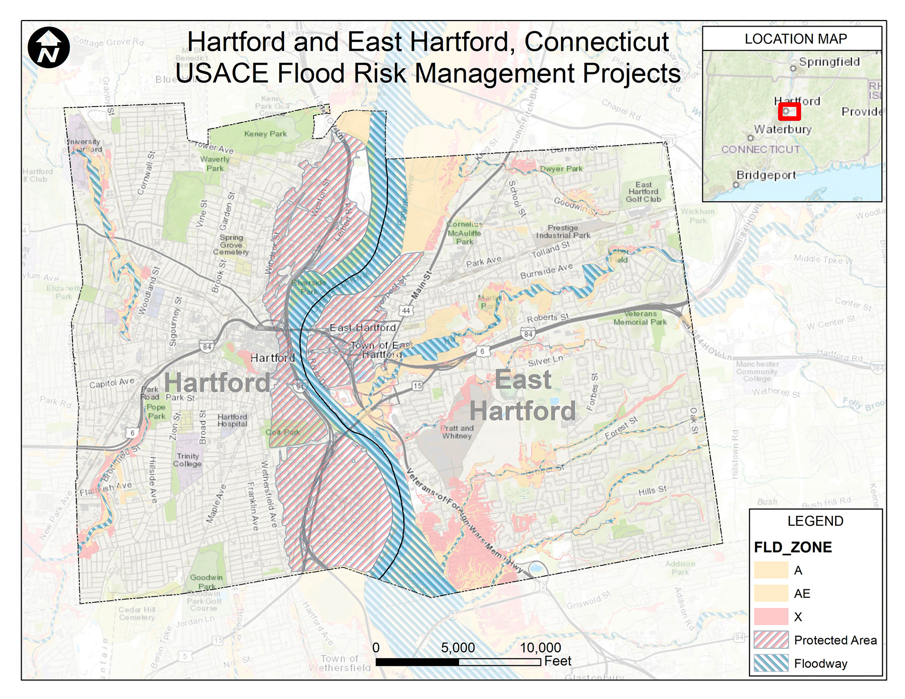 graphic showing study area in Hartford and East Hartford, Connecticut